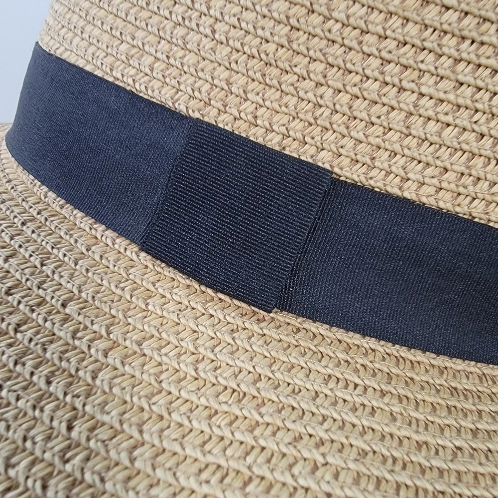 Summer Sun Hat Women's One Size Tan Fedora with Black Band Paper Straw Woven